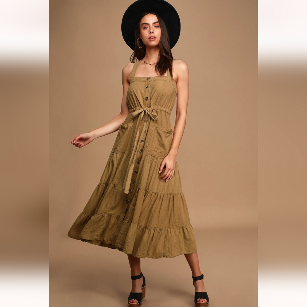 NWT - Free people - Catch the Breeze Tan Button-Front Tiered Midi Dress
